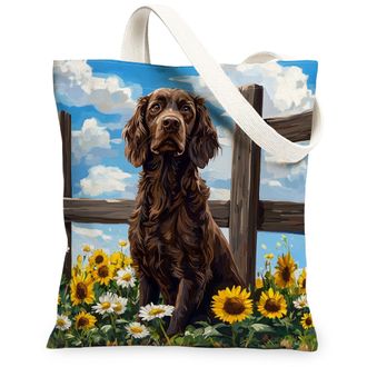 Generic Spring Boykin Spaniel Dog Canvas Tote Bag for Shopping 13x15, Sunflower Fence Puppy Reusable Grocery Print Bag for Women, Farmhouse Pet Beach Aestheti