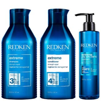 Redken Womens Extreme Trio: Shampoo 500ml, Conditioner & Play Safe 230 Heat Protection 250ml - One Size