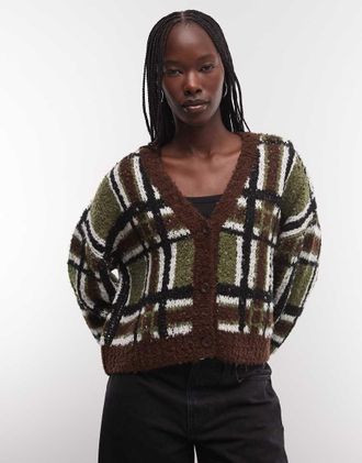 The Ragged Priest cardigan oversize squadrato in boucl&eacute; a quadri verde e marrone
