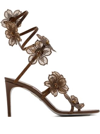Rene Caovilla 80mm Floriane crystal-flower sandals - women - Leather/Leather/Satin - 36 1/2 - Brown