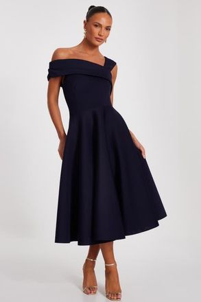 Quiz Scuba Crepe Asymmetric Midi Skater Dress in Navy at Nordstrom, Size 12