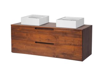 Vente-Unique Mueble de baño suspendido de teca oscura con doble lavabo - 2 cajones - 115 cm - BIMBING