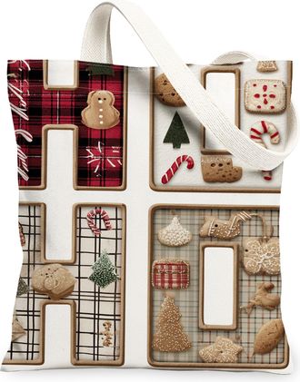 Generic Christmas Biscuits Canvas Tote Bags, Festive Treat Pattern Reusable Grocery Bags, Holiday Vintage Lightweight Washable Shou, White, 13x15 Inch