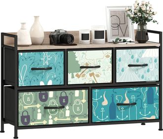 HOMCOM 5-Drawer Chest of Drawers - Fabric Dresser with Open Shelf - Blue | TJ Hughes