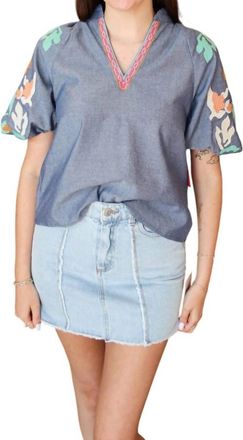 THML Clothing Embroidered V-Neck Puff Sleeve Top In Light Blue Denim