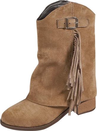 Generic Wide Calf Boots for Women Casual Tassel Fold Over Booties Solid Color Low Heel Buckle Comfortable Classic Western Boots Party Leisure