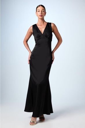 Coast Bow Back V-Neck Satin Bridesmaid Dress in Black at Nordstrom, Size 14