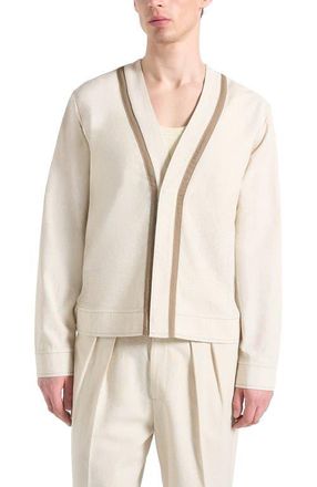 Mani&egrave;re De Voir Alain Linen Cardigan with Contrast Placket in Natural at Nordstrom, Size Xx-Large