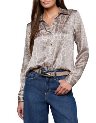 L'agence Tyler Silk Blouse In Grey Multi Patch Leopard