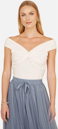Yumi Short Sleeve Knot Detail Bardot Top in White at Nordstrom, Size 12