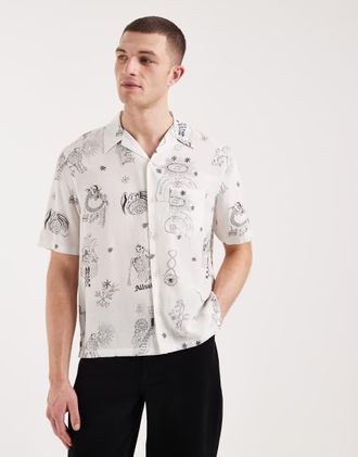 AllSaints Terra - Camicia a maniche corte &eacute;cru con stampa grafica-Bianco