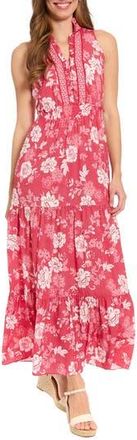 London Times Floral Sleeveless Smocked Waist Tiered Maxi Dress in Gogi Berry/Soft White at Nordstrom Rack, Size 14P