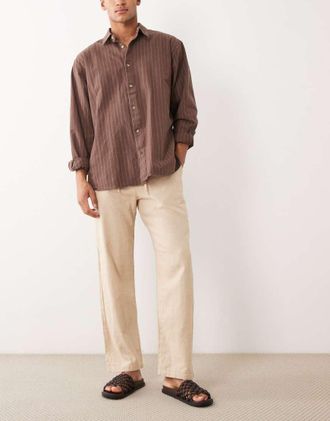 Selected Pantaloni in misto lino beige-Marrone
