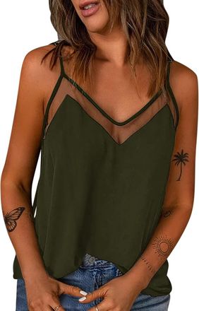 Generic Women Sexy Solid Color Suspenders Sleeveless Vest Mesh Stitching Loose Tank Blouse Top 3x Sleeveless (Green, XXL)
