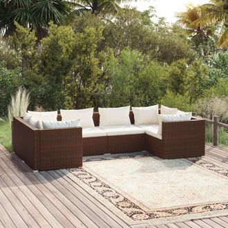 vidaXL Set Muebles De Jard&iacute;n 6 Piezas Y Cojines Rat&aacute;n Sint&eacute;tico Marr&oacute;n Vidaxl