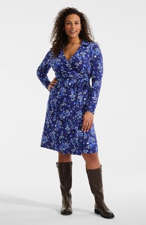 Lands End Cotton Modal Collared Wrap Dress in Deep Sea Navy Poetic Floral at Nordstrom, Size 1X