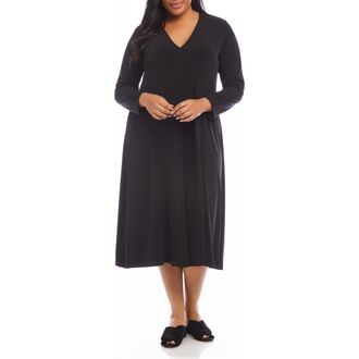 Karen Kane Kate Long Sleeve Travel Jersey Midi Dress in Black at Nordstrom, Size 0X