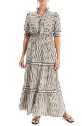 Max Studio Floral Short Sleeve Tiered Maxi Dress in Mocha/Cream Spacial Riddles at Nordstrom Rack, Size Large