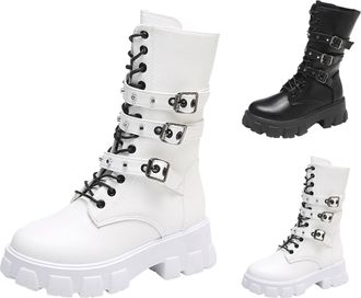 Generic Womens Platform Lace Up Boots Anti-Slip Thick Punk Booties with Side Zipper Round Toe Belt Buckle Motorcycle Combat Shoes Chunky Low Heel Mid Calf Boo