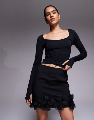 River Island Minigonna nera con fiori 3D-Nero