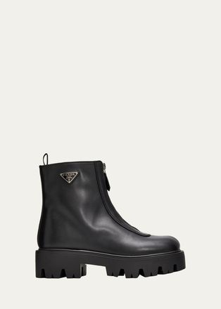 Prada 50mm Triangle Logo Leather Zip-Front Platform Ankle Boots