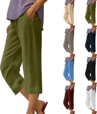 Generic Linen Trousers for Women UK Elasticated High Waist 3/4 Length Trousers Cotton Solid Color Pull On Pants Straight Wide Leg Pants Lightweight Soft Comfy