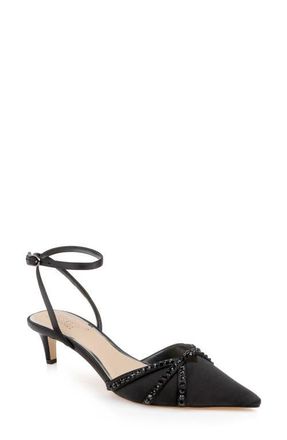Badgley Mischka Indra Ankle Strap Pointed Toe Kitten Heel Pump in Black Satin at Nordstrom, Size 5.5