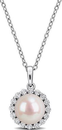Delmar Sterling Silver Cultured White Pearl & Lab Grown White Sapphire Halo Pendant Necklace at Nordstrom Rack