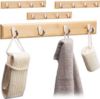 Relaxdays Relaxdays Bamboo Wall Hook Bar, Natural Grain, Metal, Hallway Coat Rack, Towel Holder, 4 Hooks, HWD: 6x48.5x5cm, Natural