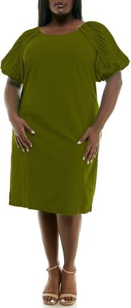 Nina Leonard Pleat Puff Sleeve Midi Dress in Olive Branch at Nordstrom Rack, Size 3X