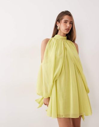 Asos Vestito corto accollato in chiffon verde lime con maniche aperte