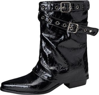 Generic Womens Pointed Toe Western Cowboy Boots Pull on Wide-Calf Boots with Buckle Block Heel Mid-Calf Boot,Black,3.5 UK