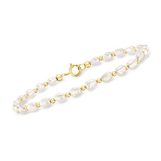 RS Pure by Ross-Simons 3-4mm Cultured Baroque Pearl and 14kt Yellow Gold Bead Bracelet