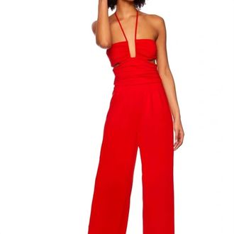 Susana Monaco Square String Halter Flare Leg Jumpsuit In Perfect Red