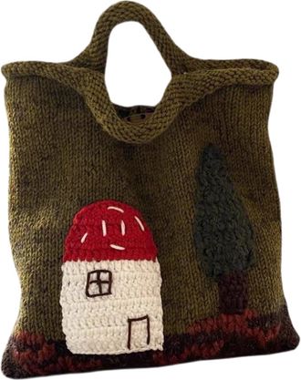 Generic Hand Knitted Crochet - Cute Mushroom Pattern Tote, Made Yarn With Spacious Interior | Versatile Functionality, Daily Transportation Mod