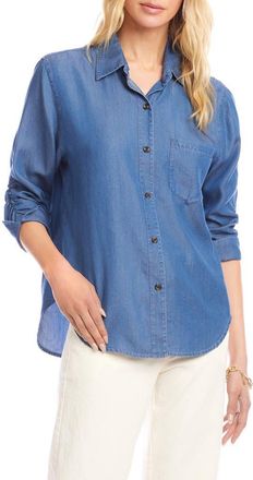 Karen Kane Ruched Sleeve Button-Up Shirt in Chambray Blue at Nordstrom, Size Medium