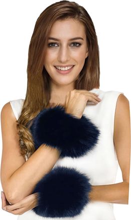 Lina & Lily Womens Winter Wrist Cuffs Warmers Faux Fur Fluffy (Navy Blue)