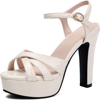 Generic Womens Peep Toe Slingback Wedding Sandals Ankle Strap Party Prom Dress Pumps with Buckle Block High Heel Platform Bridal Shoes,Beige,2.5 UK