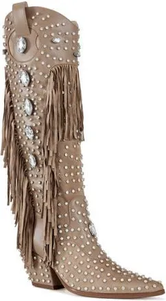 Azalea Wang Tadao Fringe & Crystal Embellished Western Boot in Beige at Nordstrom Rack, Size 7.5