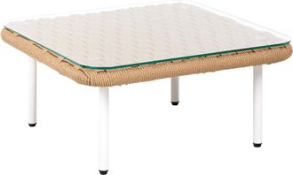 Beliani Mesa De Centro Moderna De Metal Rat&aacute;n Sint&eacute;tico Y Vidrio Jard&iacute;n Terraza Beige Claro Baucina