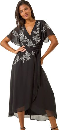 Roman Womens Premium Beaded Wrap Midi Dress - Black - Size 12 UK