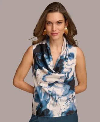 DKNY New York Tank Top Womens White Multi Abstract Cowl Neck FTS83