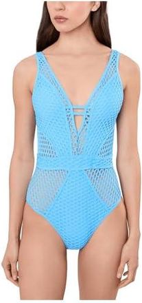 BECCA by Rebecca Virtue Castaway Textured Plunge One-Piece Womens Swimsuits One Piece Sky Blue : MD, Nylon/Spandex