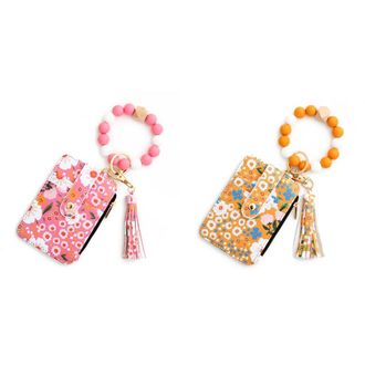 Generic Women Boho Keychain Wallet with Beaded Bracelet Small Holder (Pink)