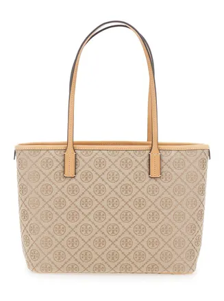 Tory Burch Womens Tote Bag Beige Canvas Cotton