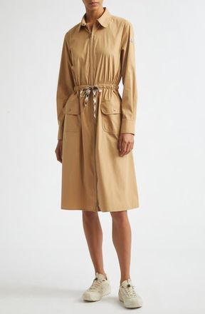 Moncler Long Sleeve Cotton & Nylon Zip Shirtdress in Beige at Nordstrom, Size 38