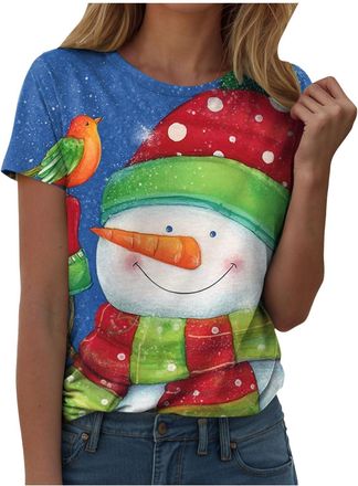 Generic Christmas Tshirts Women Xmas Tops Ladies Snowflake Christmas Printed Round Neck Short Sleeved T Shirt Top Tunic Shirts Funny Xmas Tree Cute Print Blou