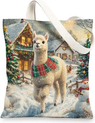 Generic Fun Christmas Alpaca Canvas Tote Bag for Shopping 13x15, Farmhouse Xmas Snowman Reusable Grocery Print Bag for Women Men, Holiday New Year Aesthetic P
