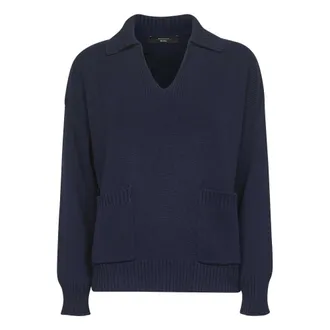 Max Mara V-neck Knitwear, female, Blue, Size: S Blue V-Neck Sweater with Pockets