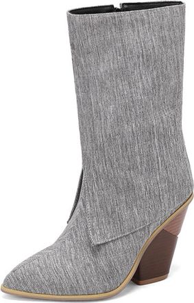 Generic Womens Chunky High Heel Short Boots Pointed Toe Western Cowboy Boot PU Leather Mid-Calf Boots with Zipper,Grey,3.5 UK